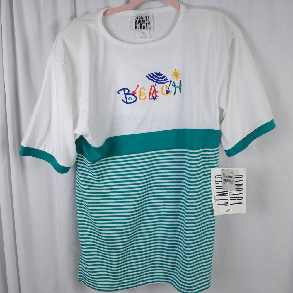 NWT VTG Barbara Gerwit Beach Tee Women Small White Green Stripes‎ USA